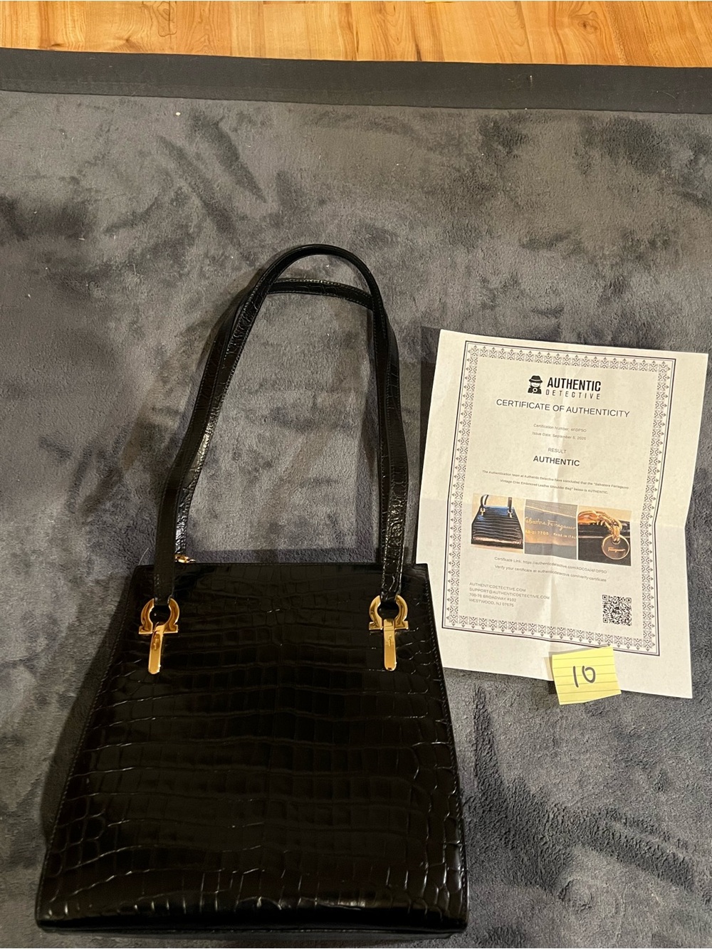 Salvatore Ferragamo Black Croc-Embossed Shoulder Bag with Gold Hardware